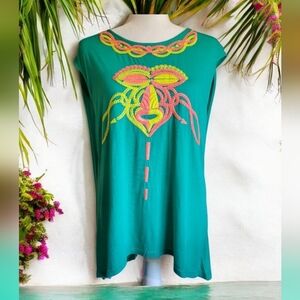 English Rose Sleeveless Tribal Print Embroidered Teal Tee Shirt Size S